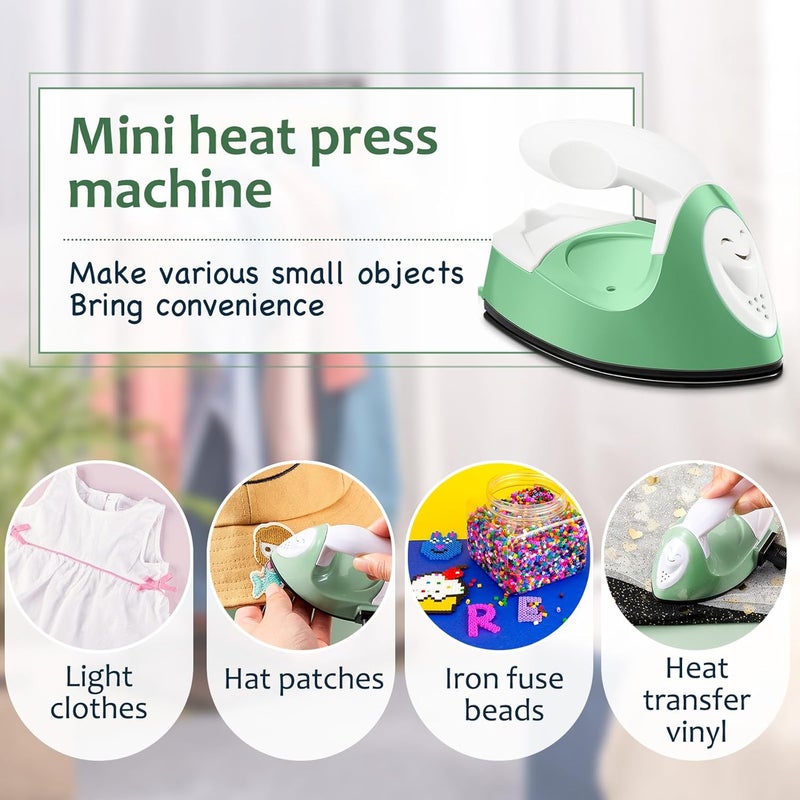 Honoson Mini Craft Iron Mini Heat Press Small Iron 3.93 x 2.36 x 2.76 in Portable Handy Tiny Flatiron with Charging Base Accessory for Fuse Bead Patch DIY Heat Transfer Vinyl(Green) - Image 5
